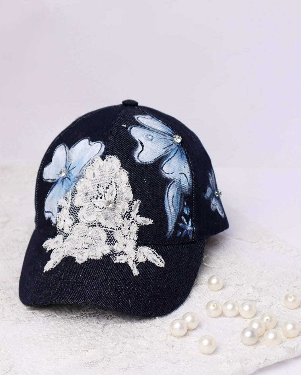 Denim & Lace Cap with Rhinestones