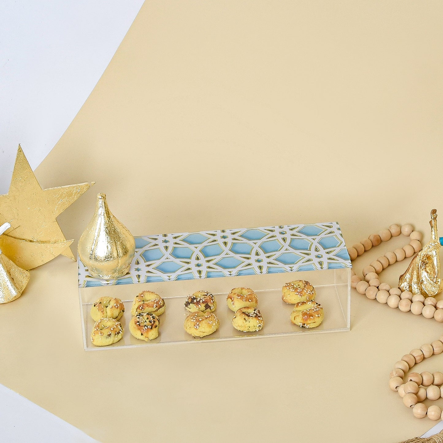 Light Blue & Gold Islamic Motifs – Acrylic Rectangular Box