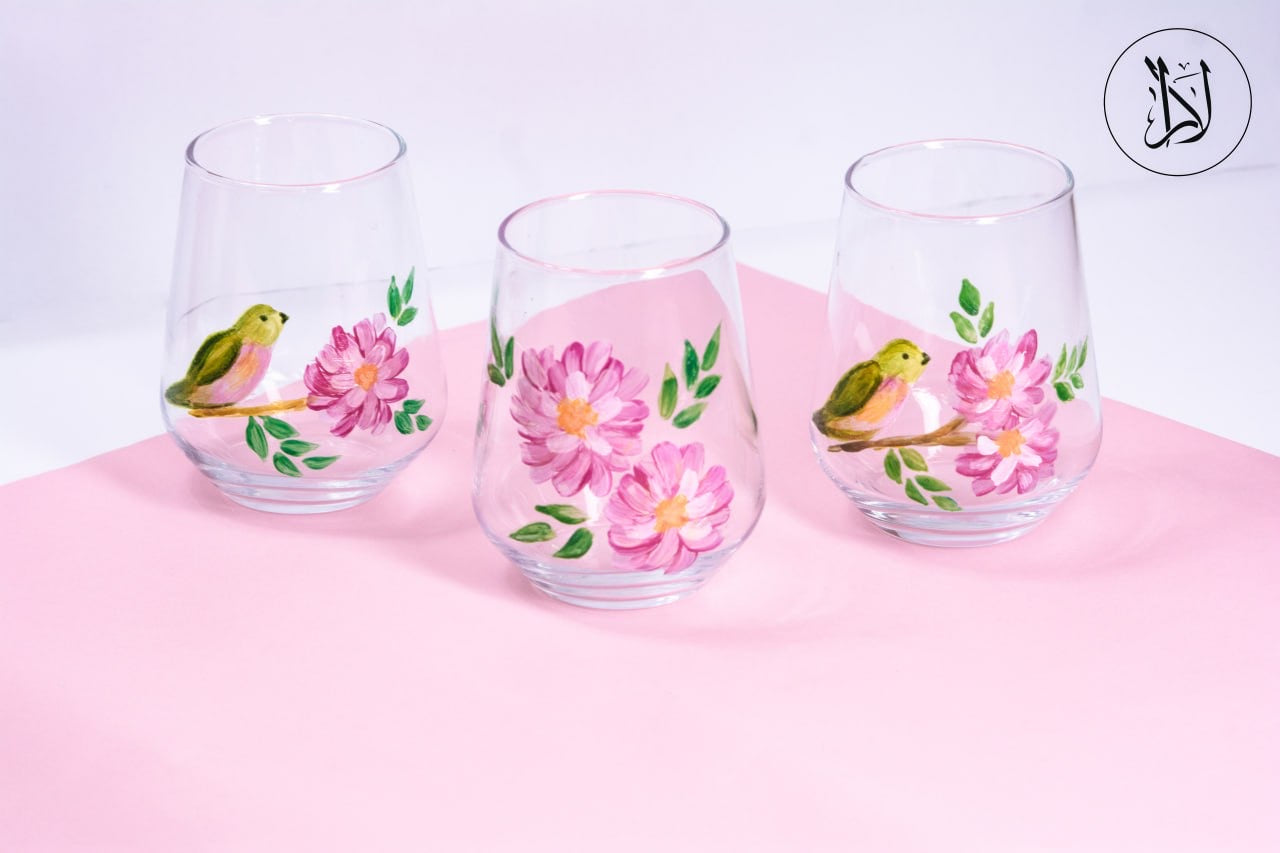 Bird & Flower Pink Blooms – Water Glasses (Set of 6)