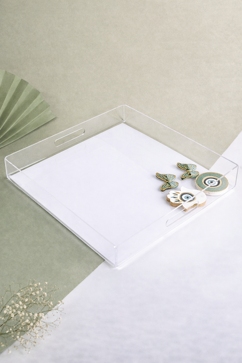 Pistach Embossed Eye, Fatima Hands and Butterflies Handmade Plexi Tray