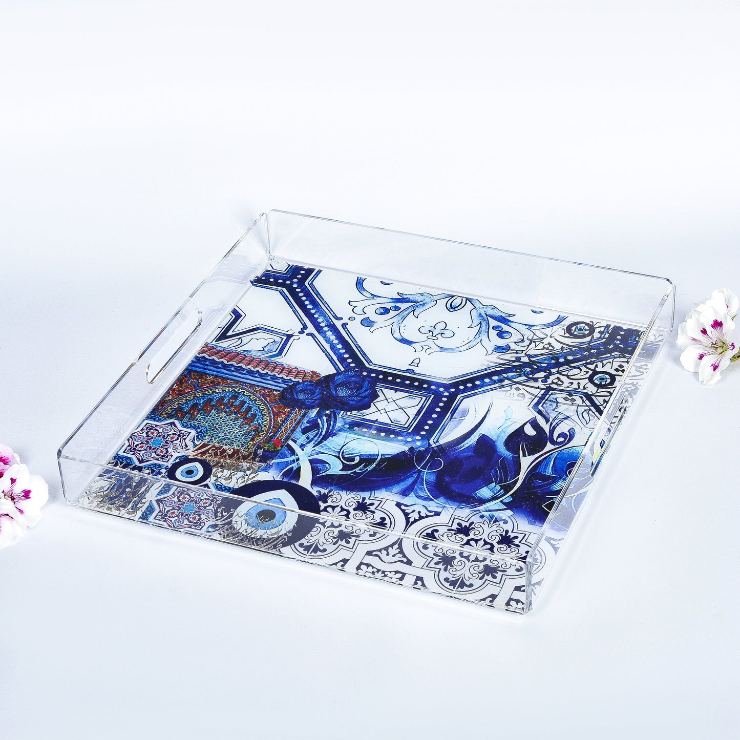 Blue Fatima Hands & Eyes Plexi Tray 30X30CM