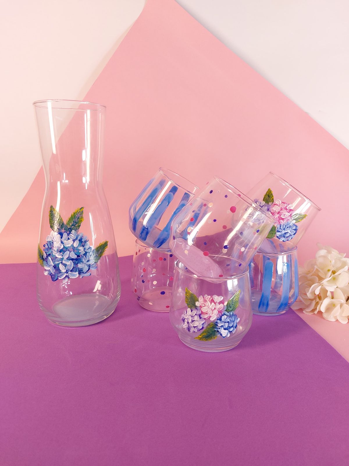 Hydrangea Water Cups Set of Six with Bottle