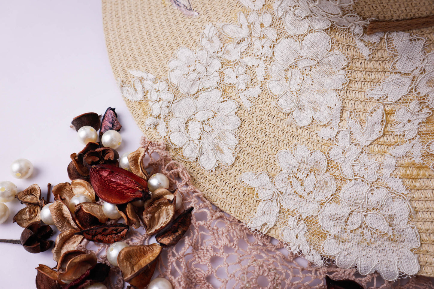 Big Straw with White Flowers and Lace Hat