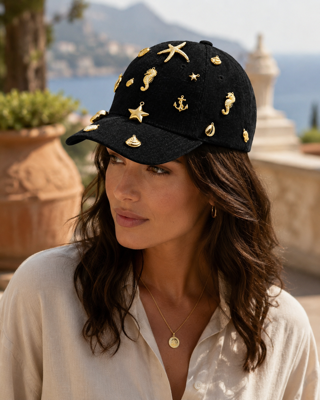 ๐ค Handmade Black Cap โ Golden Sea Life Charms