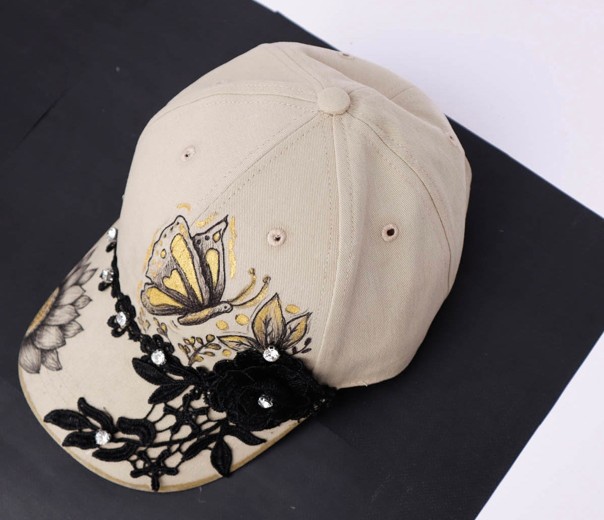 Hand Painted Beige Cap with Black Lace & Rhinestones