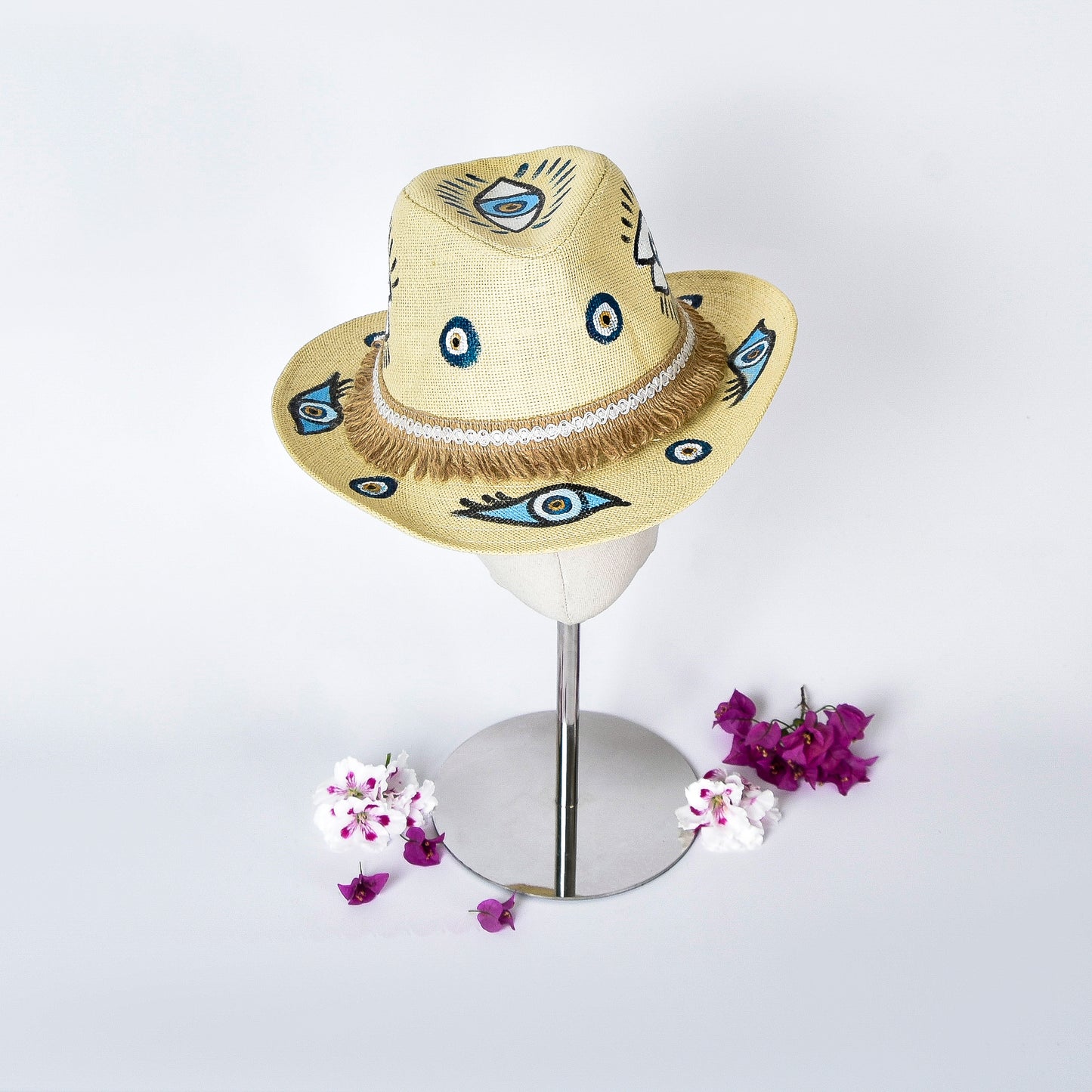 Big Blue Eyes Hand Painted Summer Hat