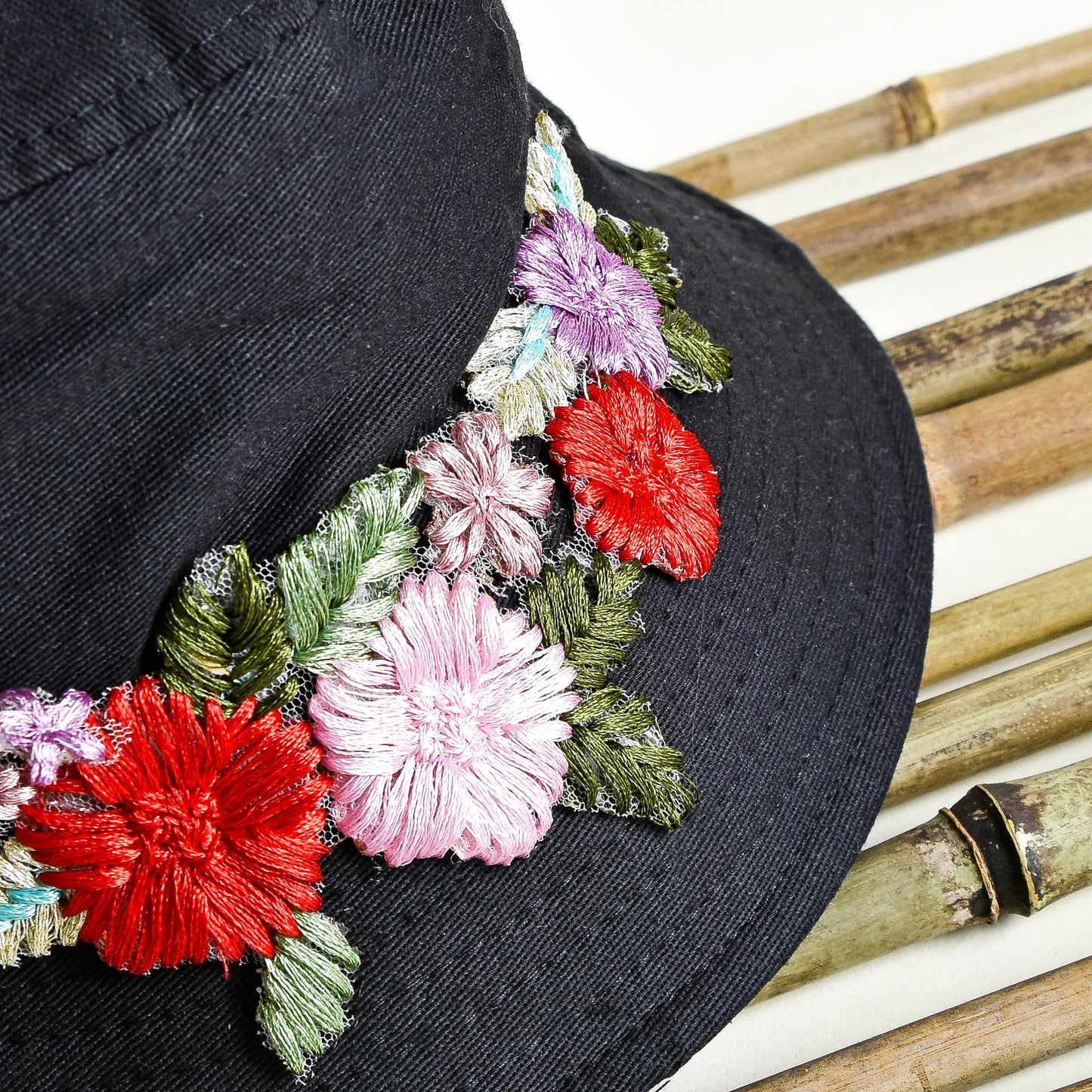 Black Denim with Pink and Red Embroidery Hat