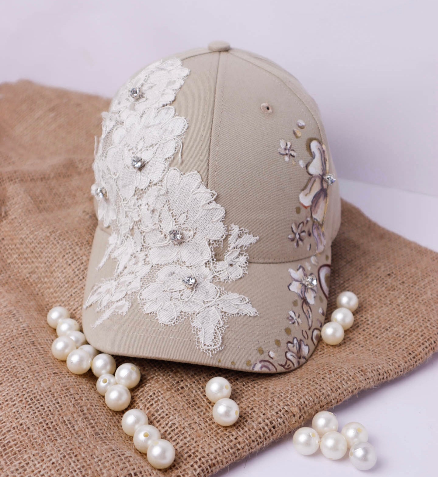 Beige with Lace Hand Painted Cap & Rhinestones