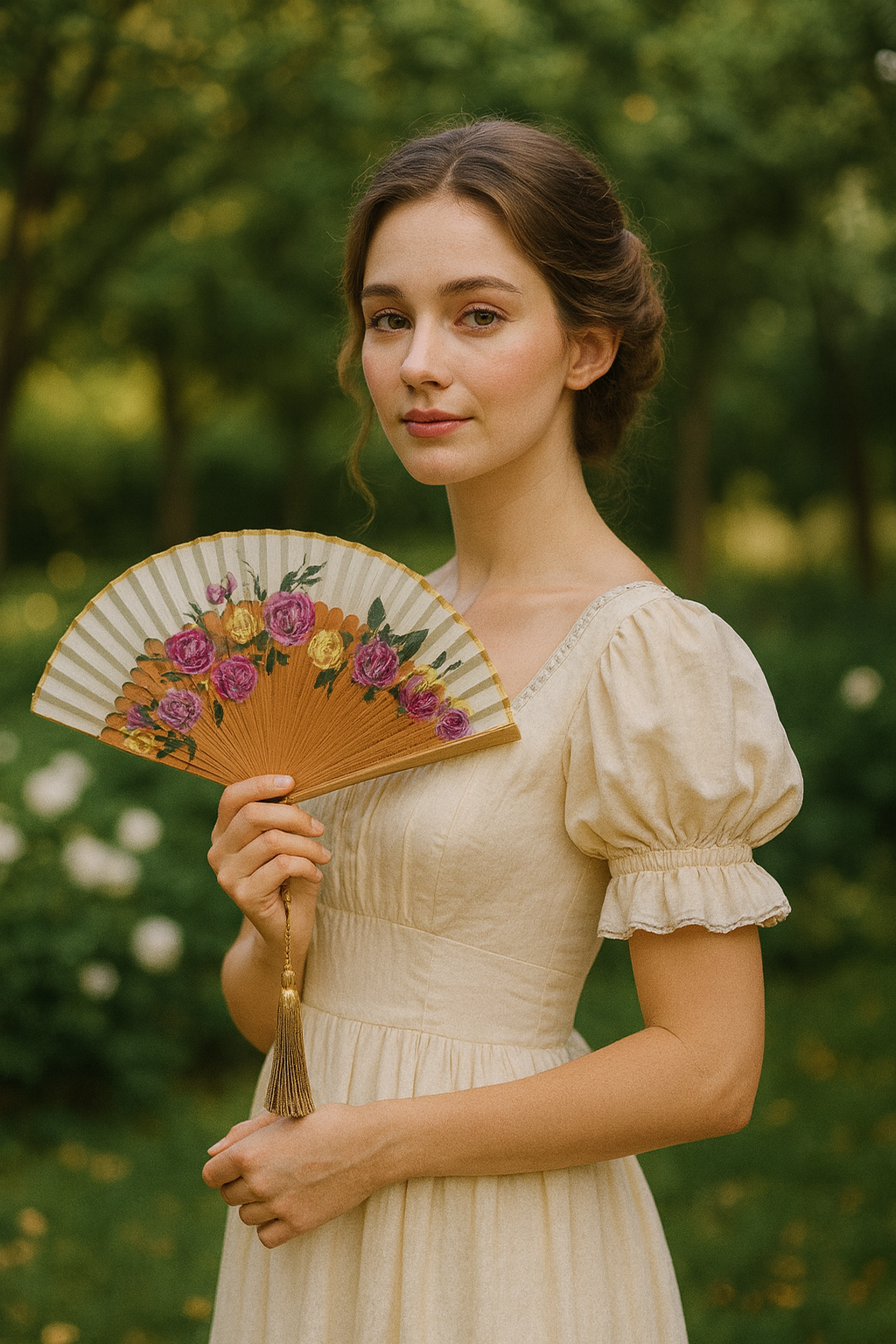 🌹 Hand-Painted Fan – Rose Garden with Gold Accents