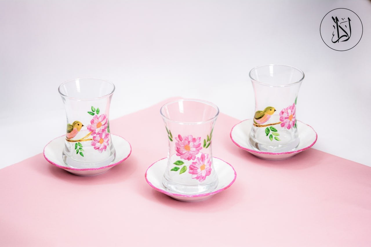 Bird & Flower Pink Blooms – Tea Cups with Saucers (Set of 6)