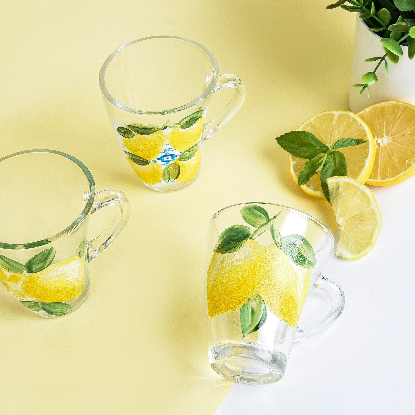 Fresh Lemones with Blue Tea Cups With Handles Set of Six
