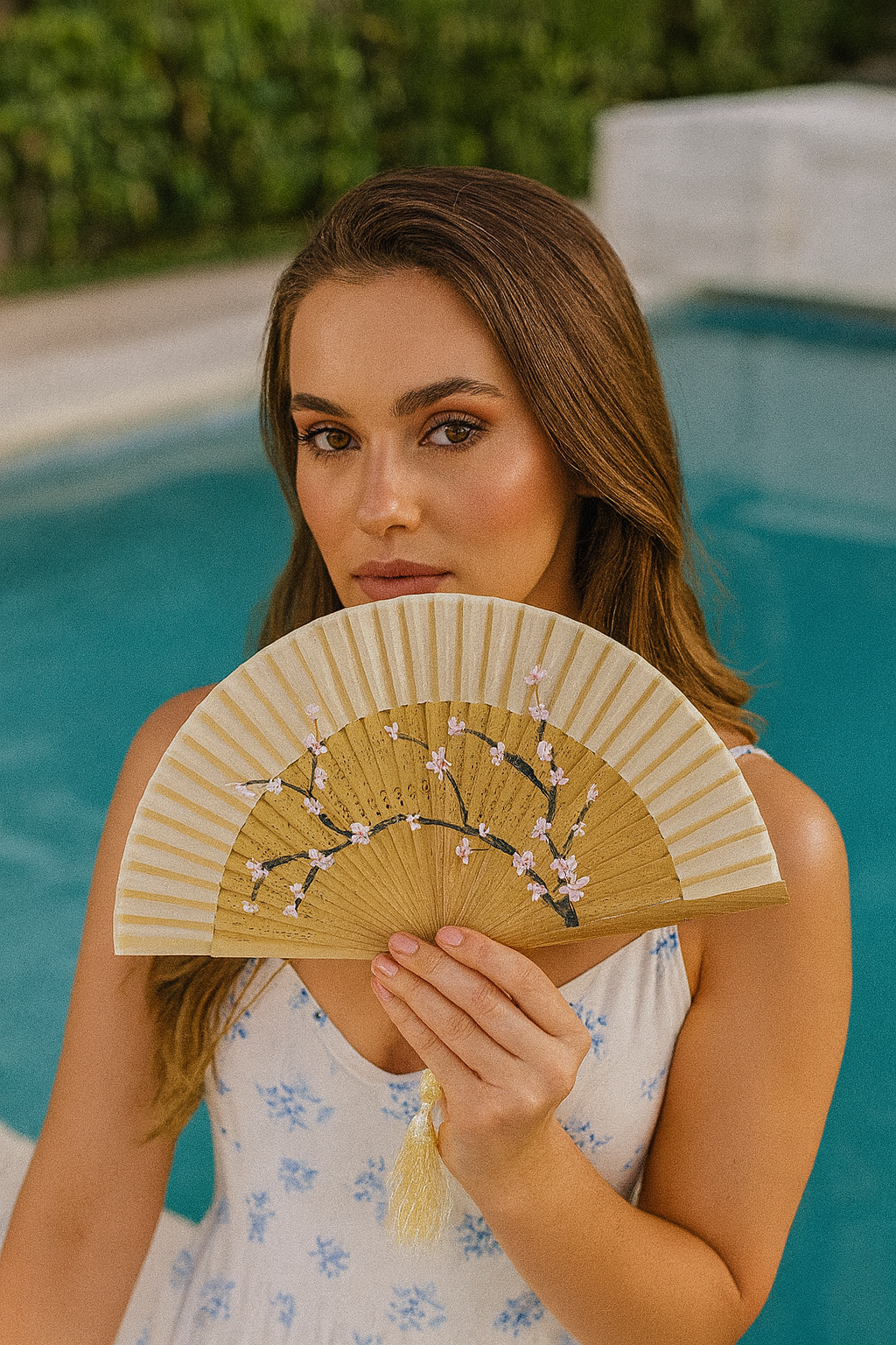 Hand-Painted Folding Fan – Ivory Blossom