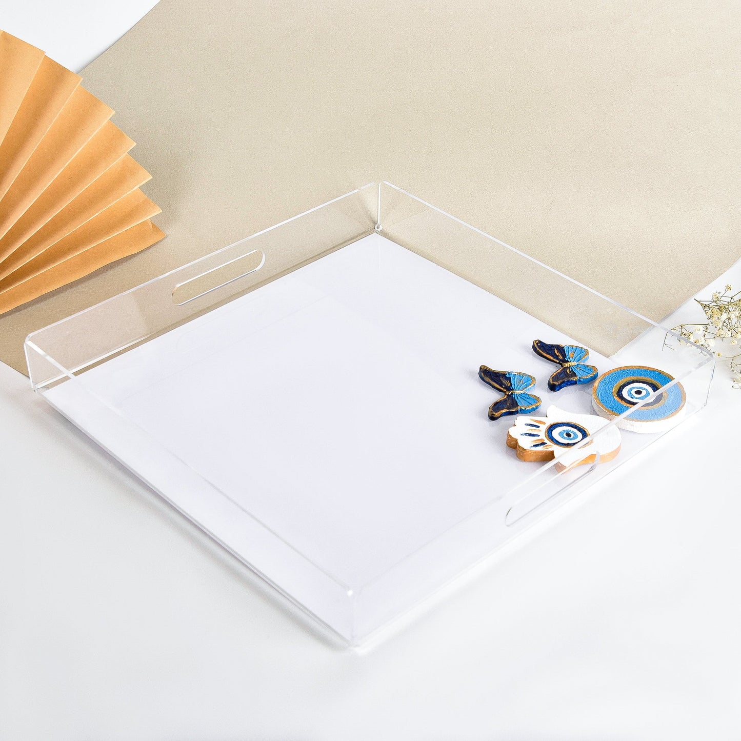 Blue Embossed Eye, Fatima Hands and Butterflies Handmade Plexi Tray