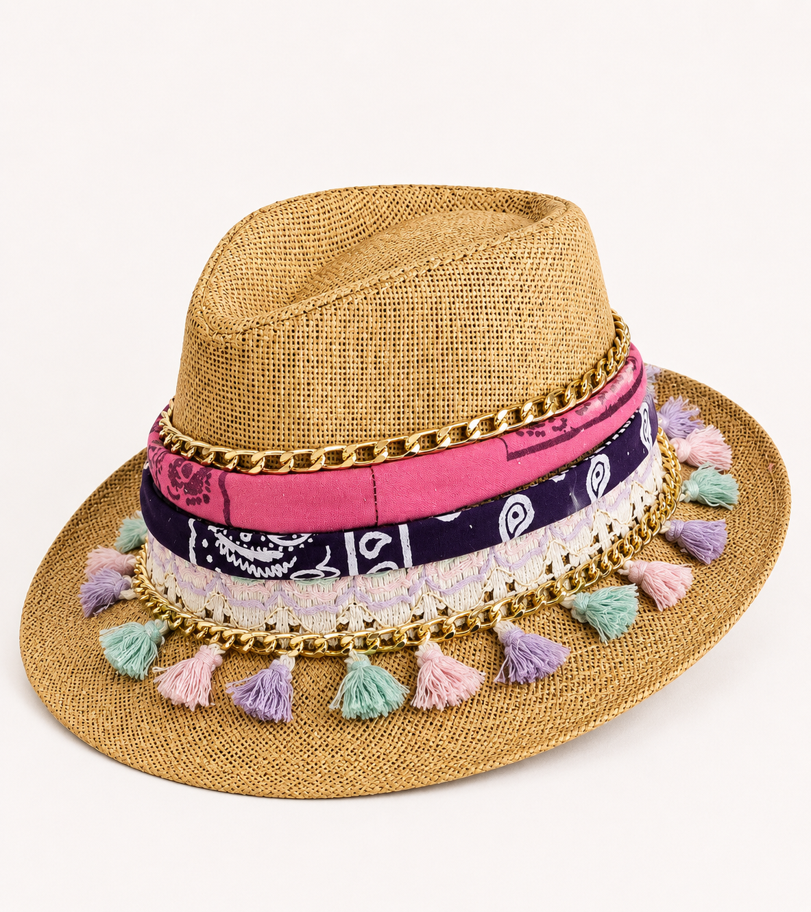 👒 Handmade Straw Hat – Pink Bandana & Pastel Tassels