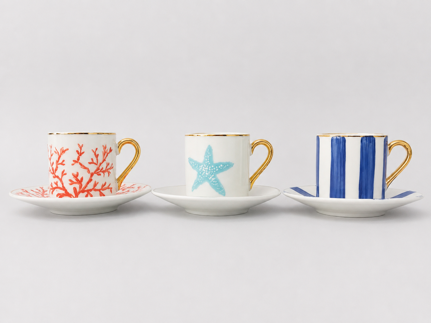 Mediterranean Sea Life Turkish Coffee Cups with Saucers Set of Six