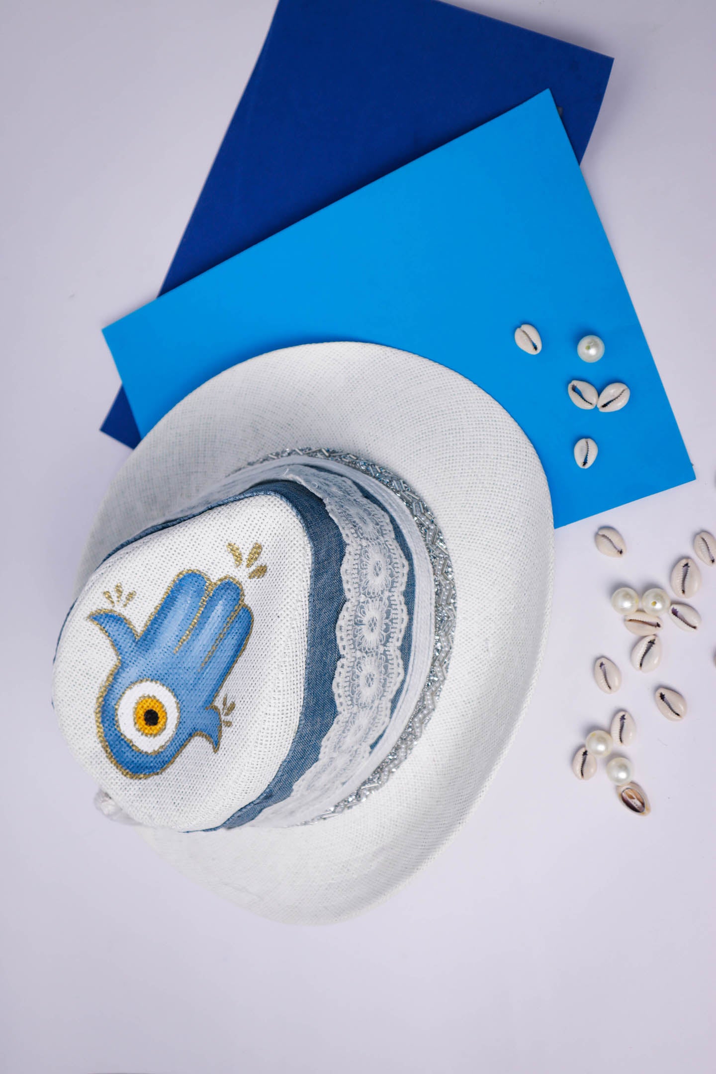 Lace and Denim Embroidery with Hand on Top Hand Painted Summer Hat
