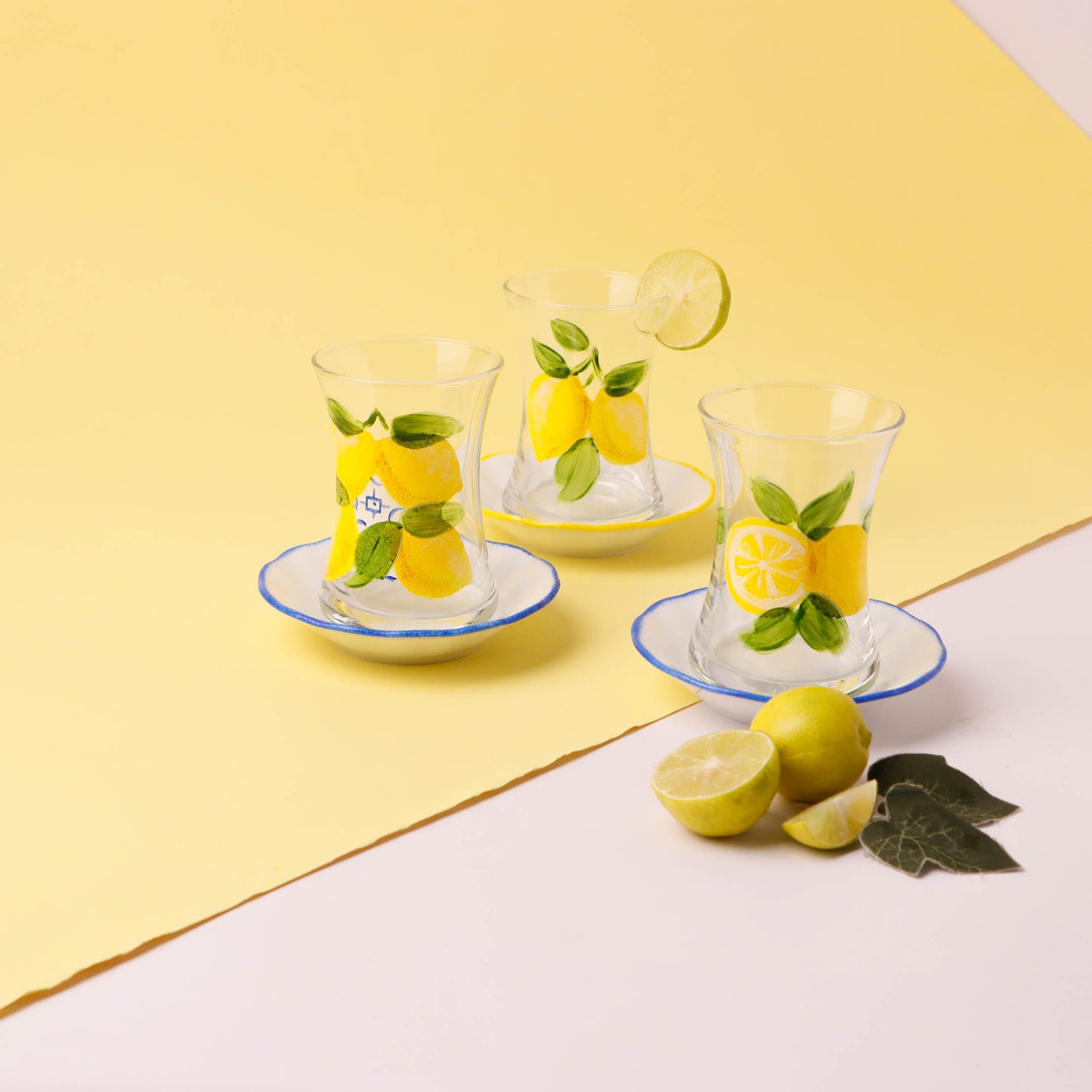 Fresh Lemons with Blue Tea Cups With Saucers Set of Six