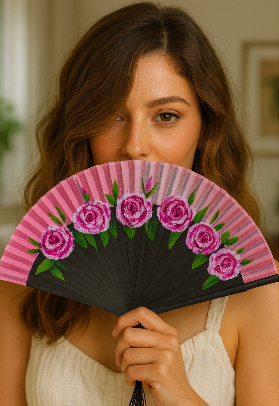 Hand-Painted Folding Fan - Pink Roses