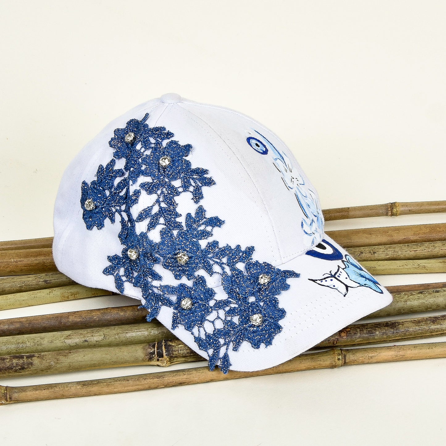 Hand Painted White Cap with Blue Lace & Rhinestones