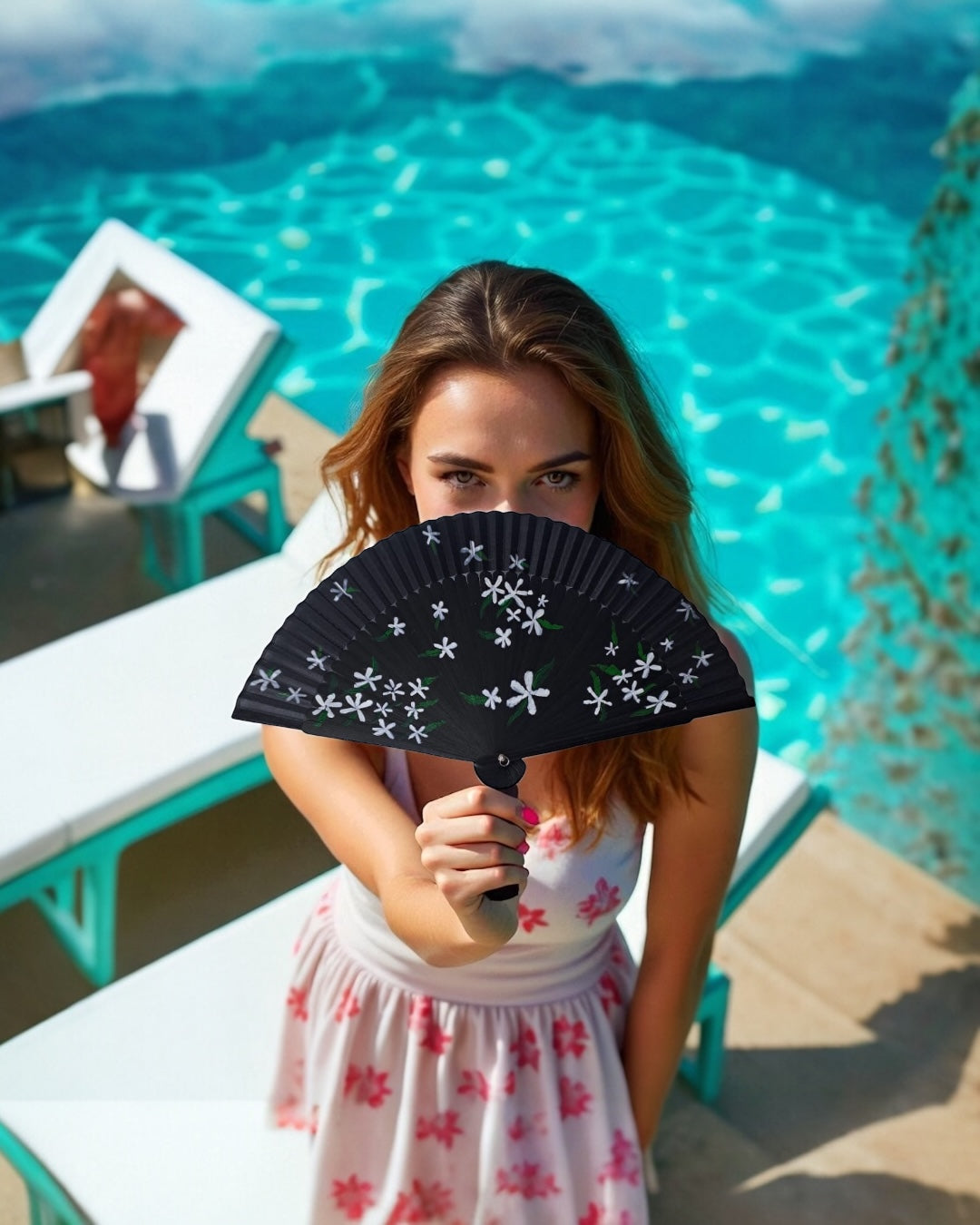 Hand-Painted Folding Fan - White Flowers on Black