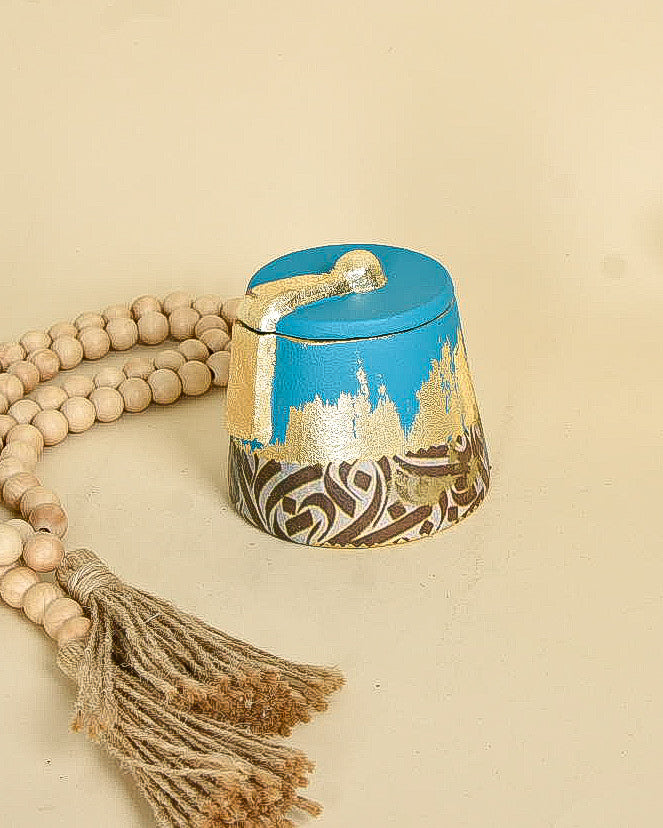 Turquoise & Gold Calligraphy Clay Tarboosh with Cover