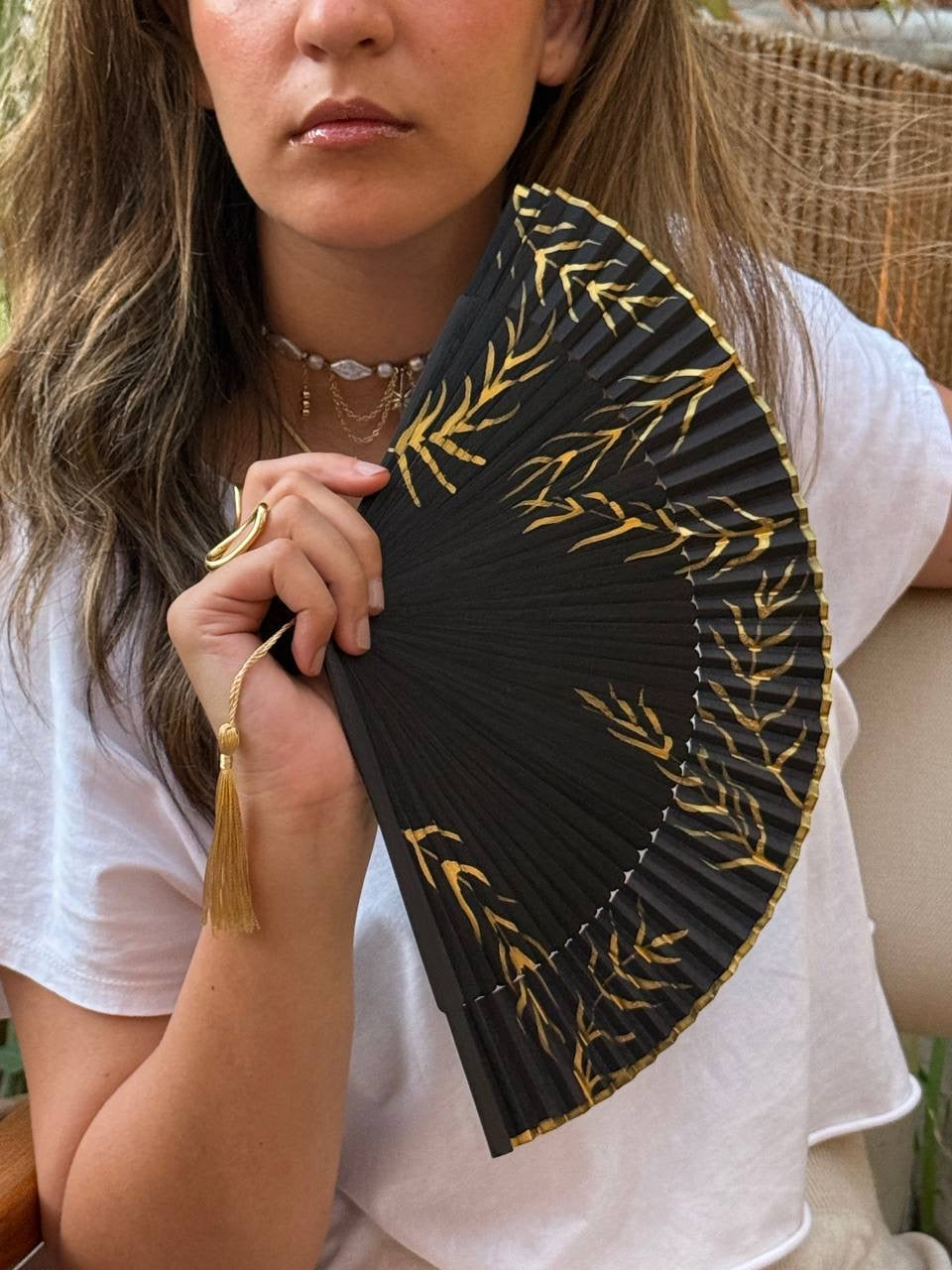 🖤 Hand-Painted Fan – Black & Gold Leaf Design