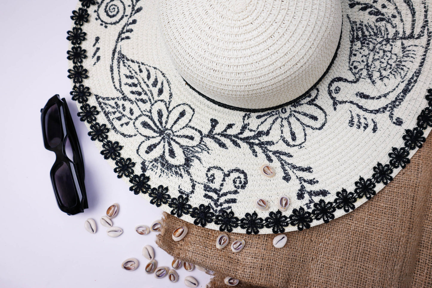 Big Straw with White Flowers and Black Lace Hat