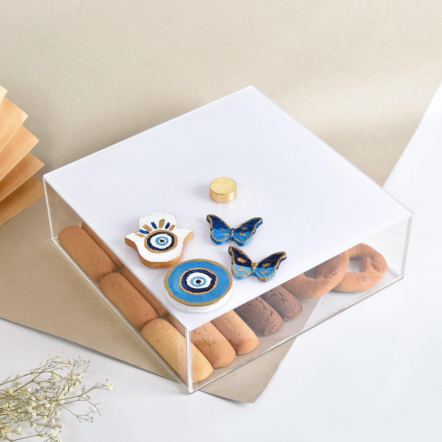 Blue embossed Eyes, Fatima Hands and Butterflies Handmade Plexi Square Box