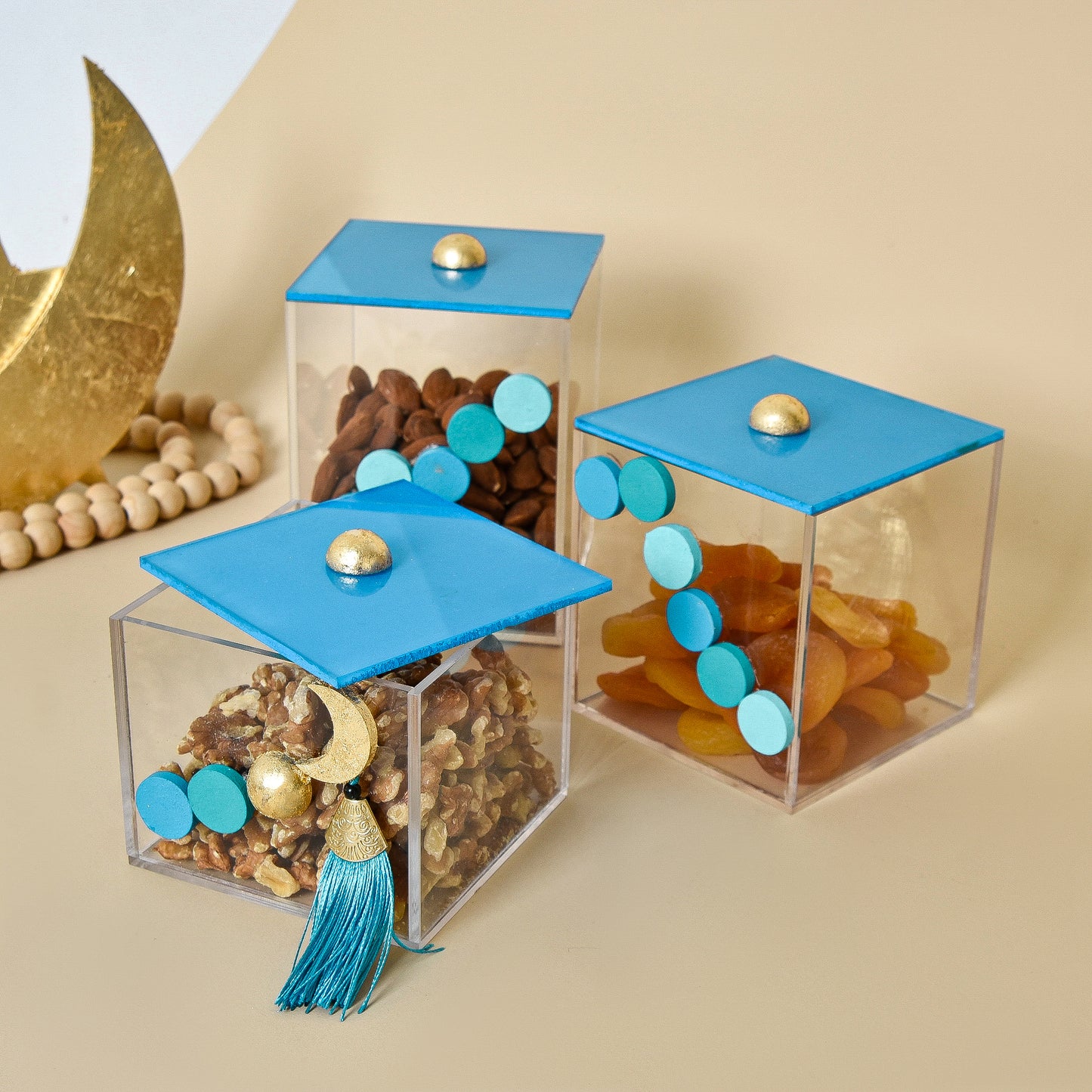 Blue Beaded Crescent with Gold Leaf – Acrylic Boxes set of 3