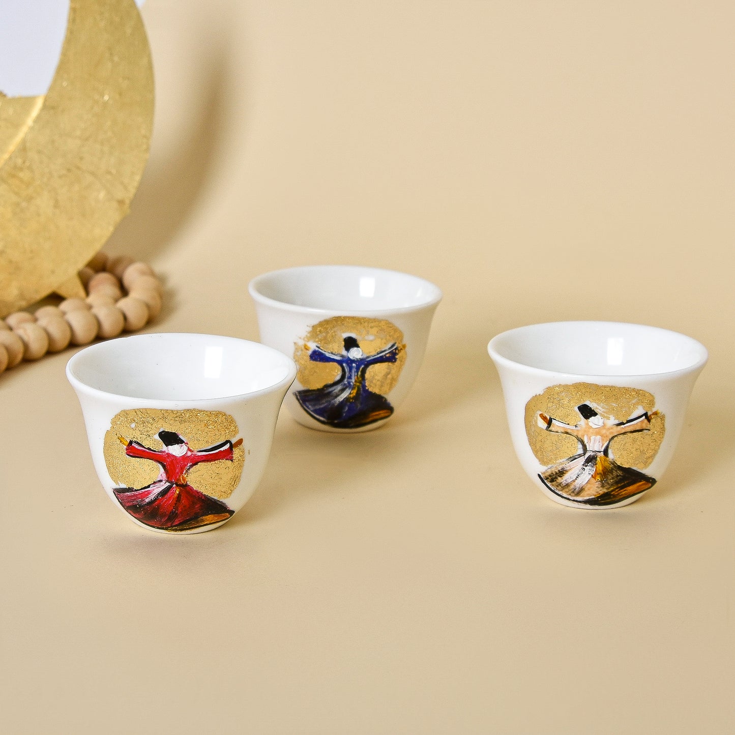 Egyptian Khayamiah Dervish with Gold Leaf – Arabic Coffee Cups Set of Six