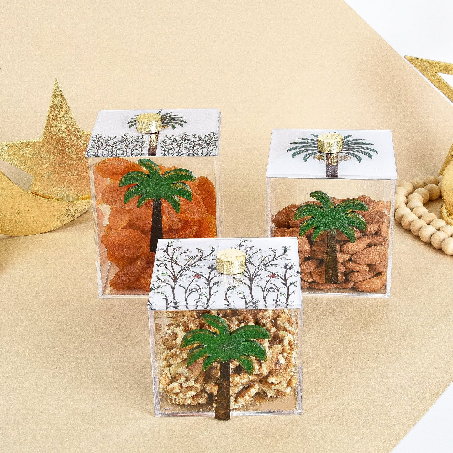 Green Palm Tree Boxes Set of 3 10X10X10CM 10X10X8CM 10X10X12CM