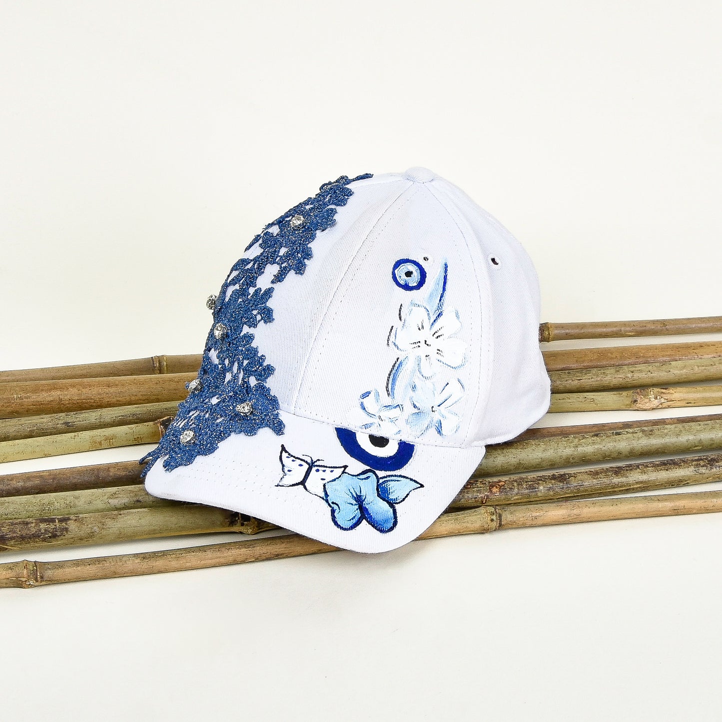 Hand Painted White Cap with Blue Lace & Rhinestones