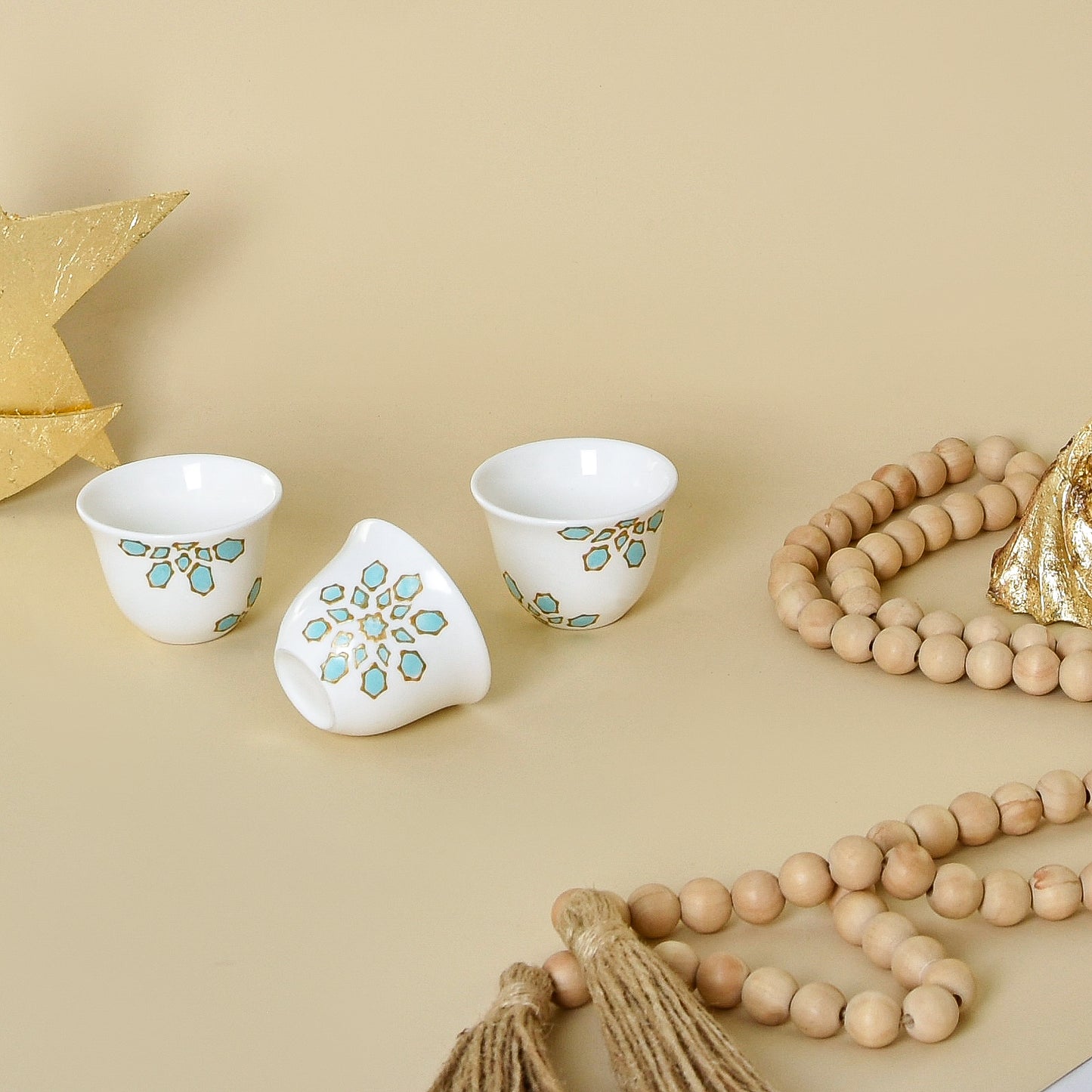 Light Blue & Gold Islamic Motifs – Arabic Coffee Cups Set of Six