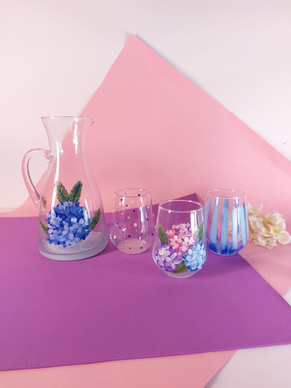 Hydrangea Water Cups Set of Six with Bottle