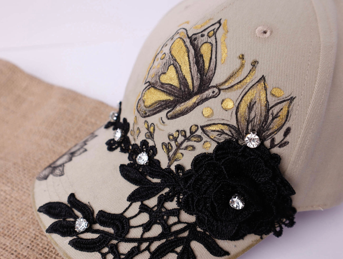 Hand Painted Beige Cap with Black Lace & Rhinestones