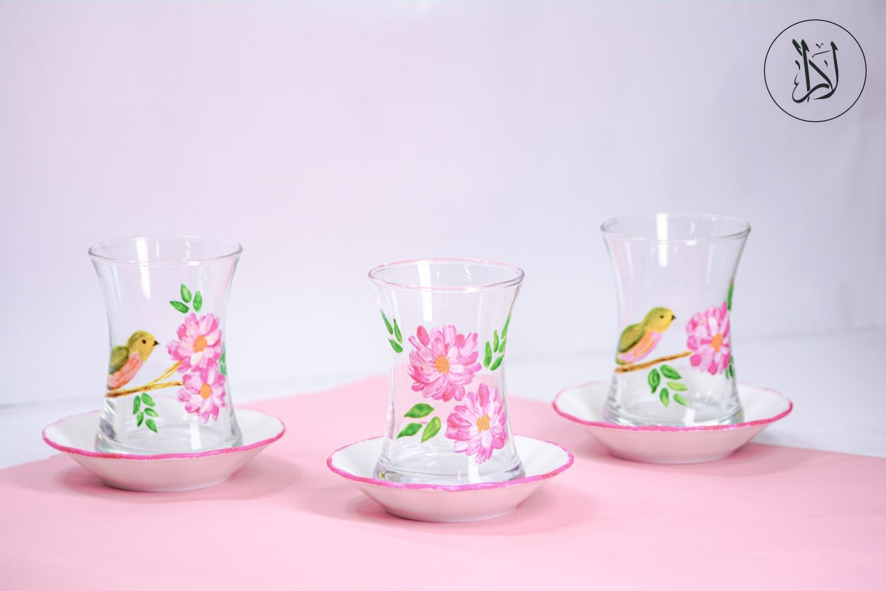 Bird & Flower Pink Blooms – Tea Cups with Saucers (Set of 6)