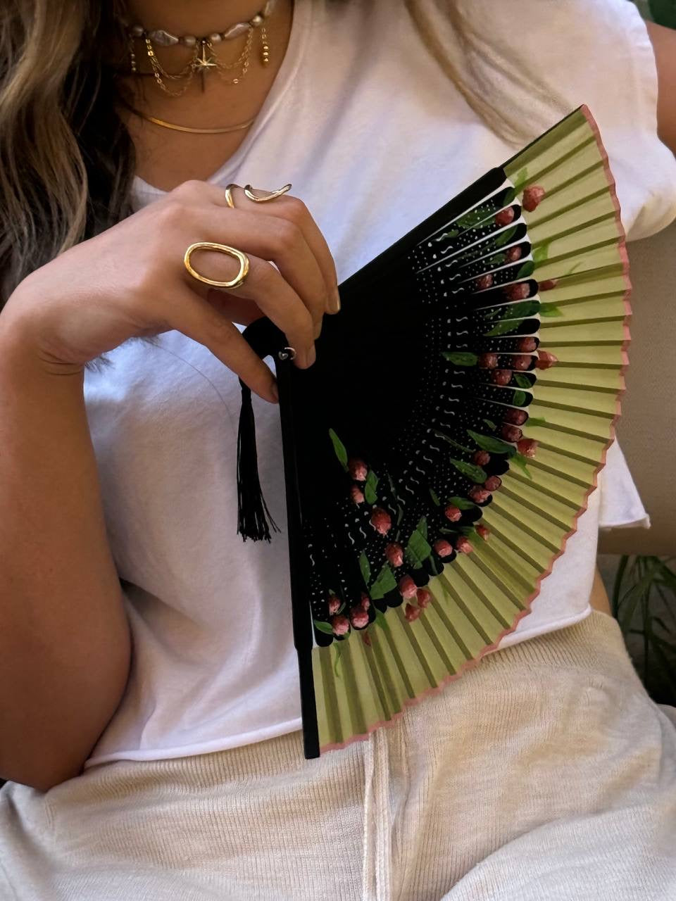 🌸 Hand-Painted Fan – Green & Pink Blossom
