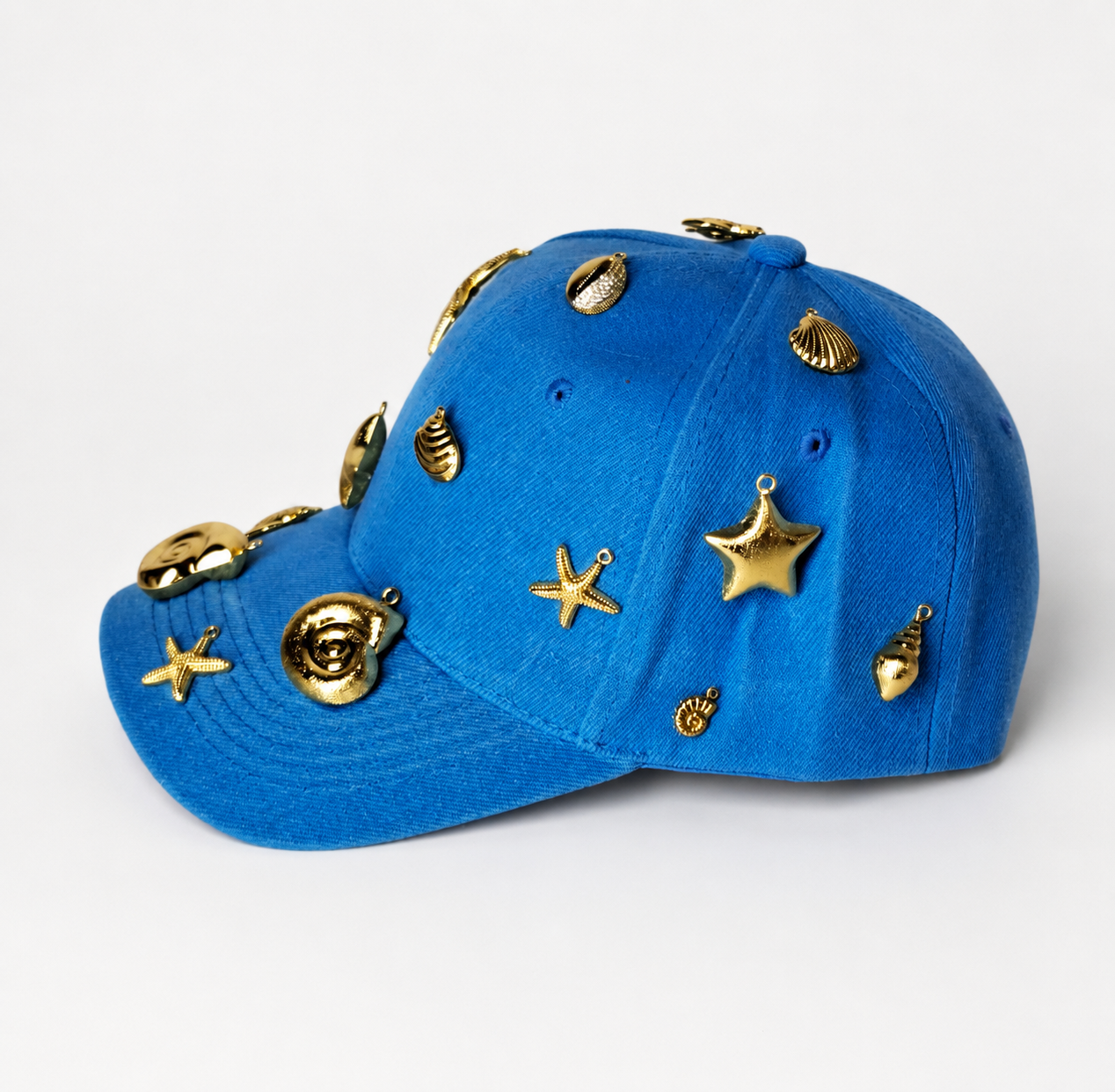 ๐ Handmade Blue Cap โ Golden Sea Life Charms