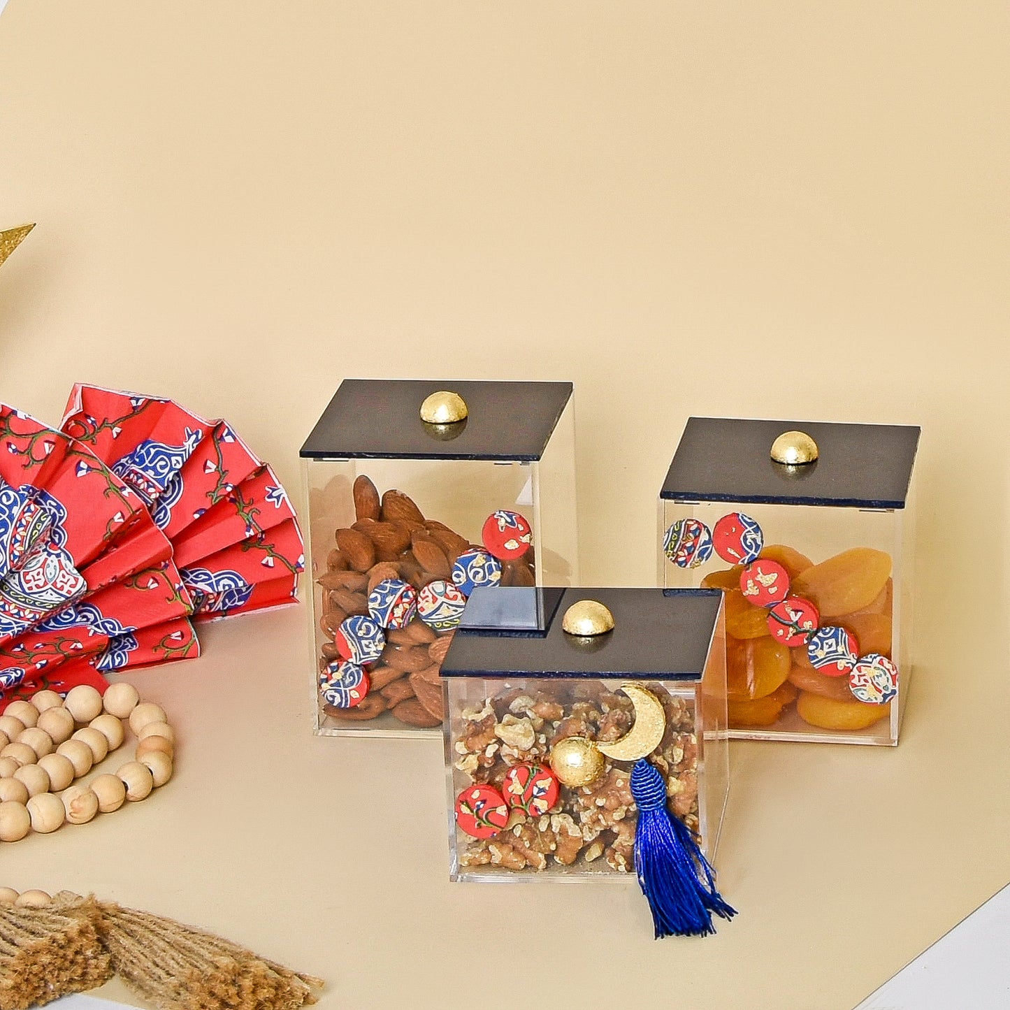 Egyptian Khayamiah Beaded Crescent with Gold Leaf – Acrylic Boxes set of 3