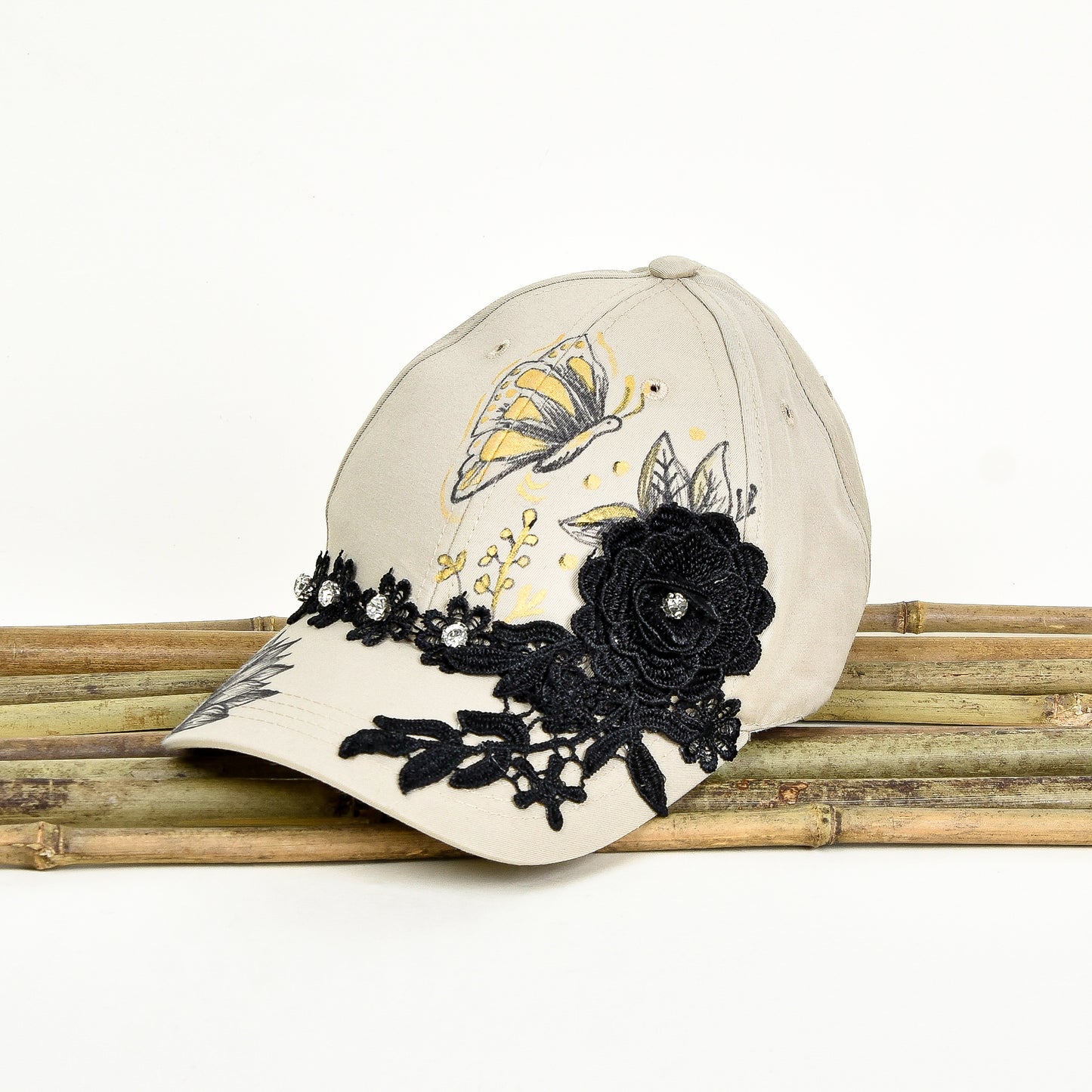 Hand Painted Beige Cap with Black Lace & Rhinestones