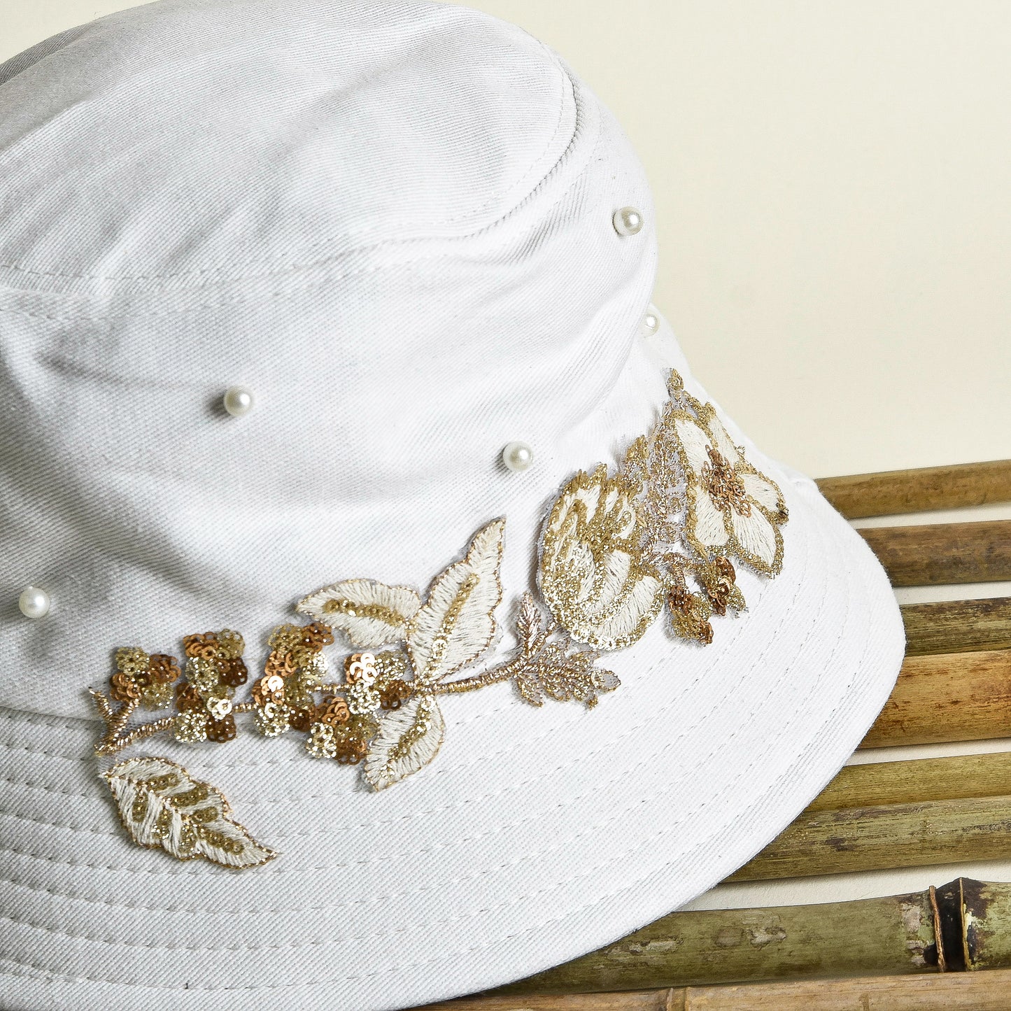 White Denim with Gold Embroidery Hat