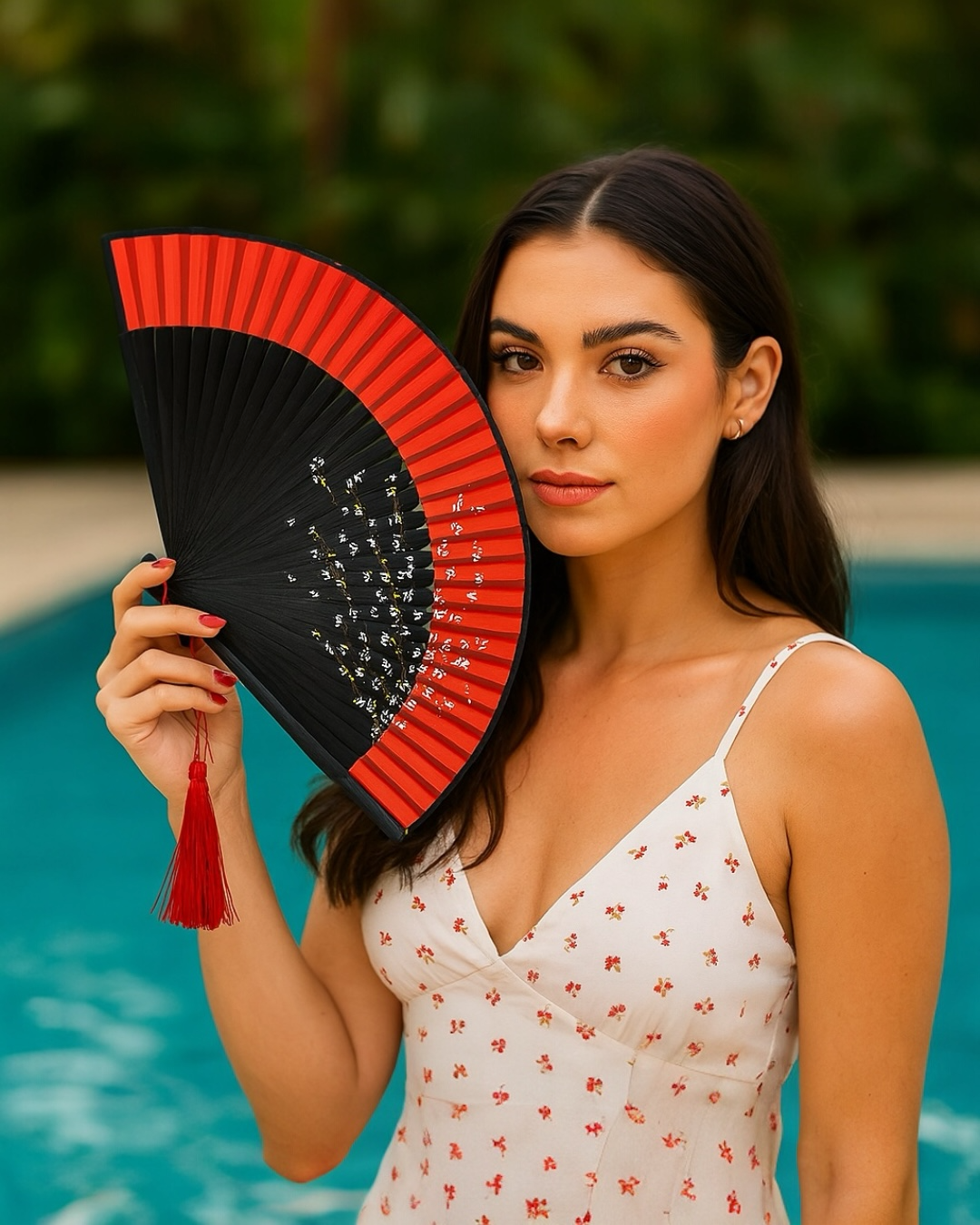 🎋 Hand-Painted Folding Fan – Crimson & Midnight Blossom