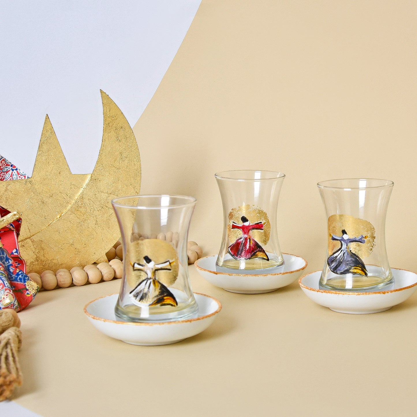 Egyptian Khayamiah Dervish with Gold Leaf – Tea Cups with Porcelain Saucers Set of Six