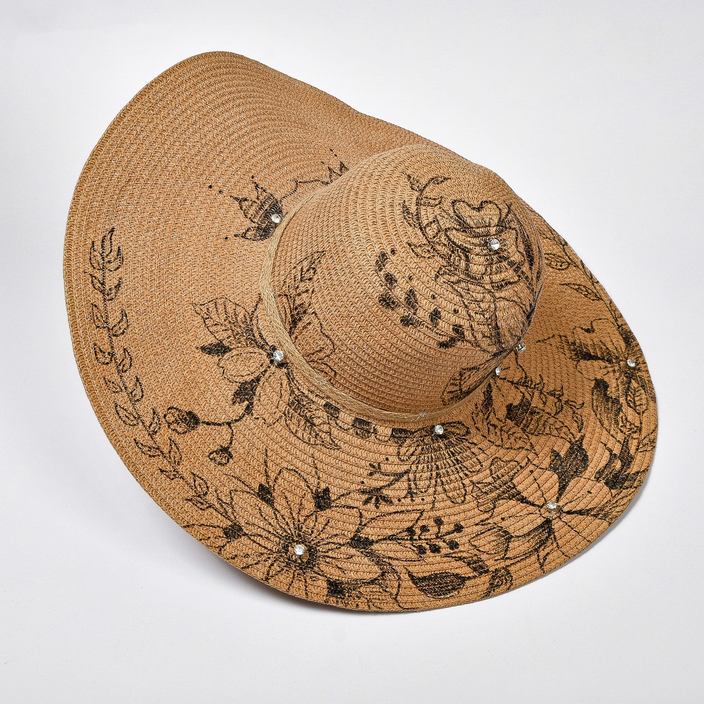 Big Straw with Line Black Flowers Hat