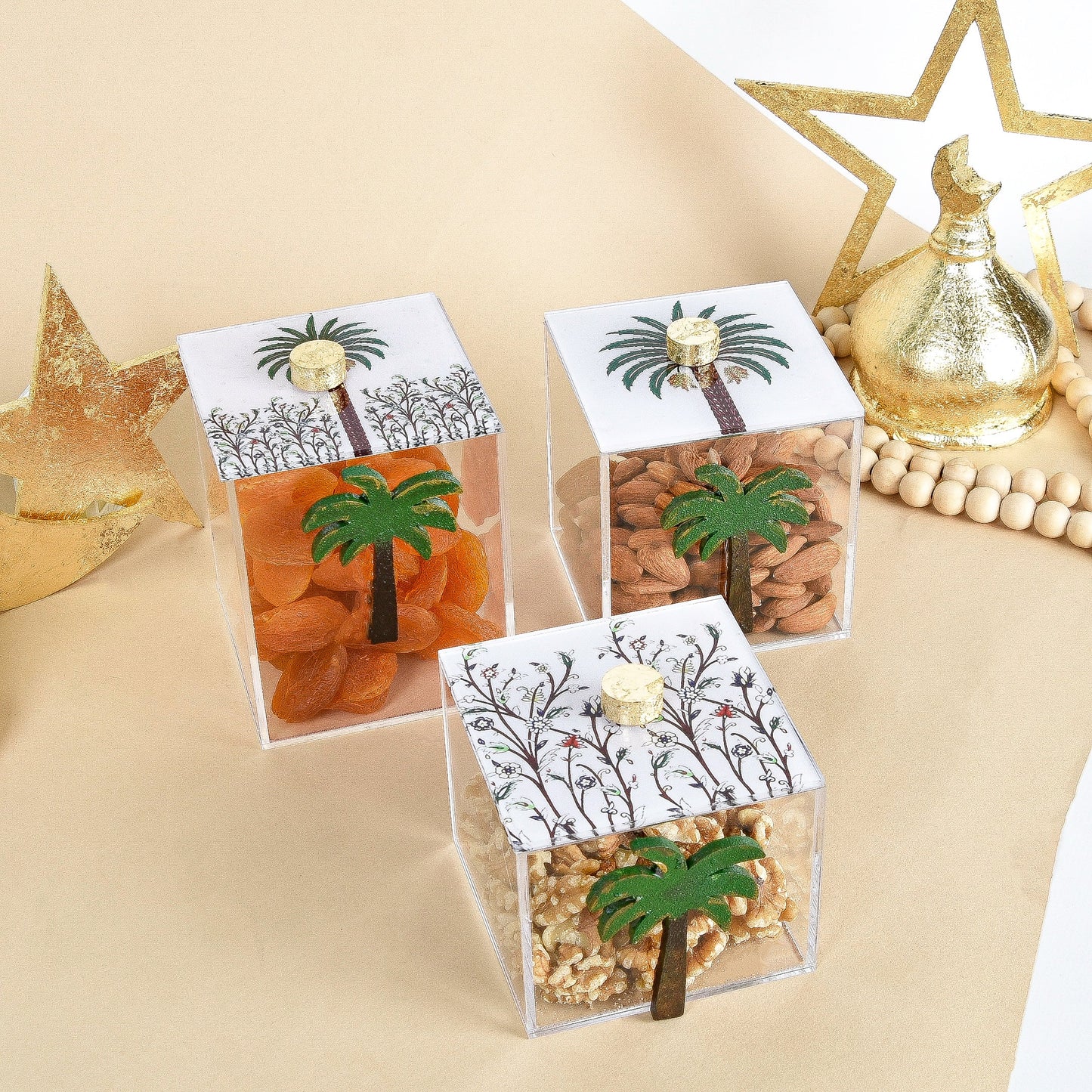 Green Palm Tree Boxes Set of 3 10X10X10CM 10X10X8CM 10X10X12CM