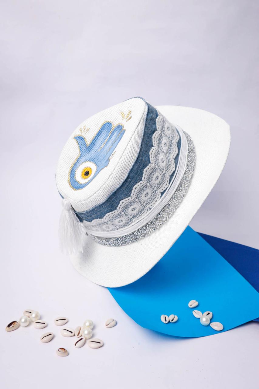 Lace and Denim Embroidery with Hand on Top Hand Painted Summer Hat