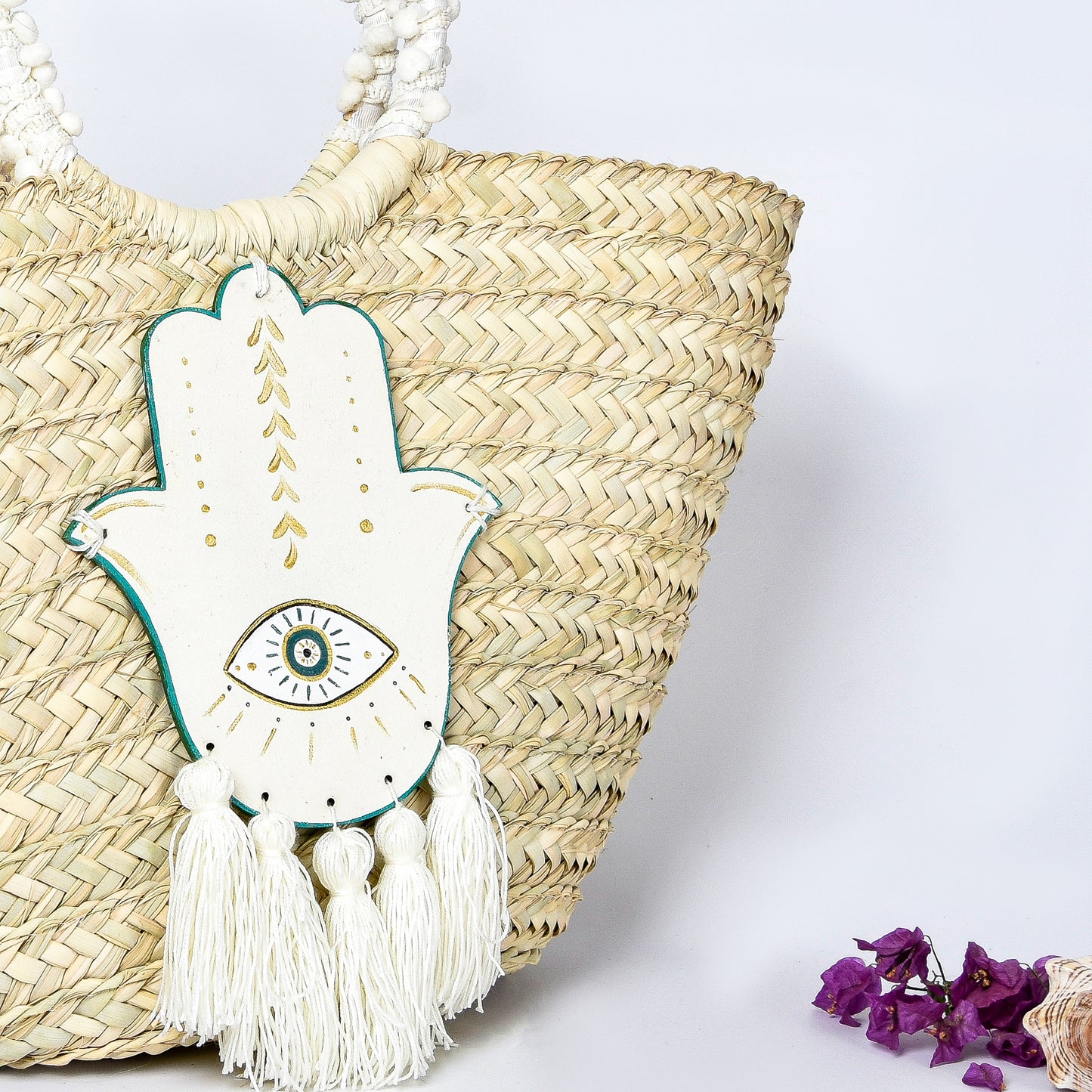 Straw Embellished Beach Bag with Off White Fatima Hand