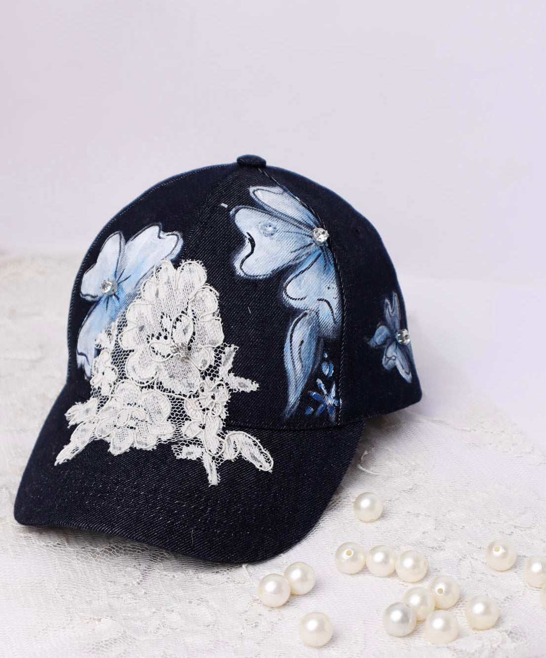 Denim & Lace Cap with Rhinestones