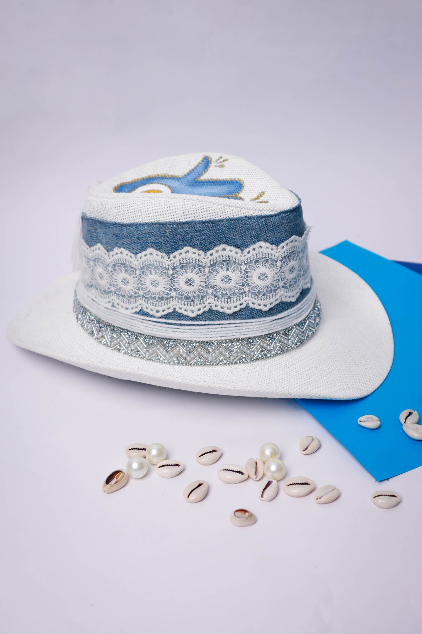 Lace and Denim Embroidery with Hand on Top Hand Painted Summer Hat