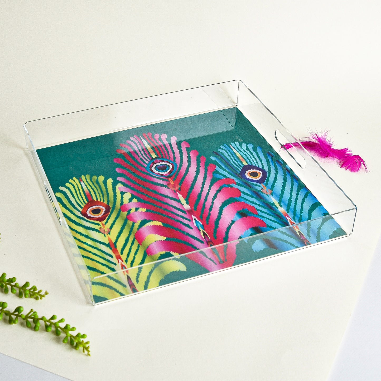 Peacock Feather – Acrylic Tray (30x30 cm)